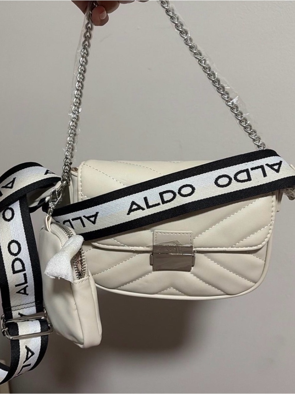 ALDO Cream Quilted Crossbody Bag with Black-and-White Logo Strap